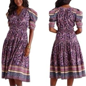Current Air Rachel Midi Dress XS Purple Paisley Floral Puff Sleeve Boho Cottage